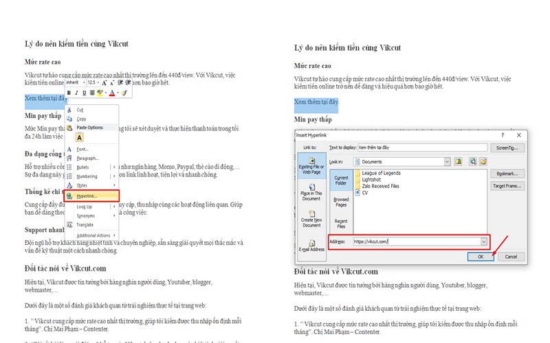 Cách chèn link vào word