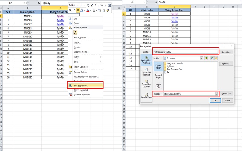 Cách tạo đường link cho file Excel